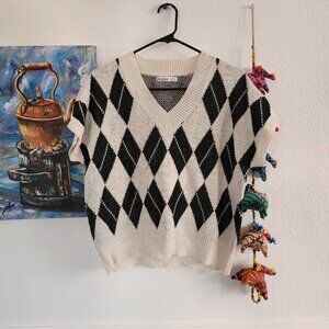 Cropped Checkered Short-Sleeve Vest Sweater